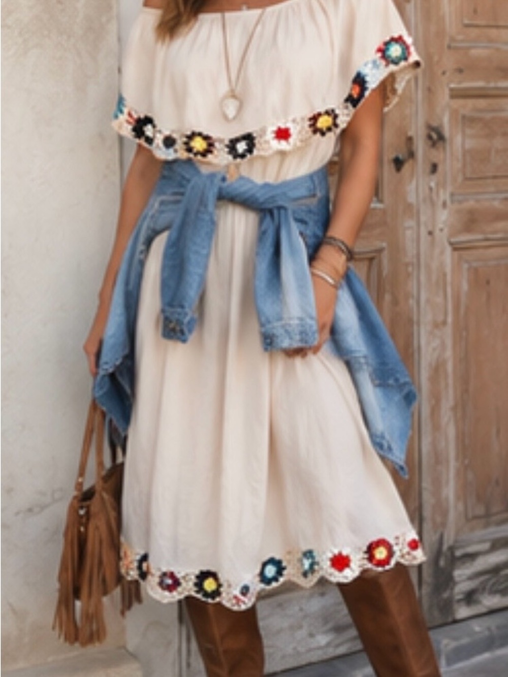Boho Crochet Trim Off-Shoulder Cream Dress